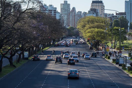 Traffic on a tree-lined avenue in Buenos Aires, Argentina during the day.